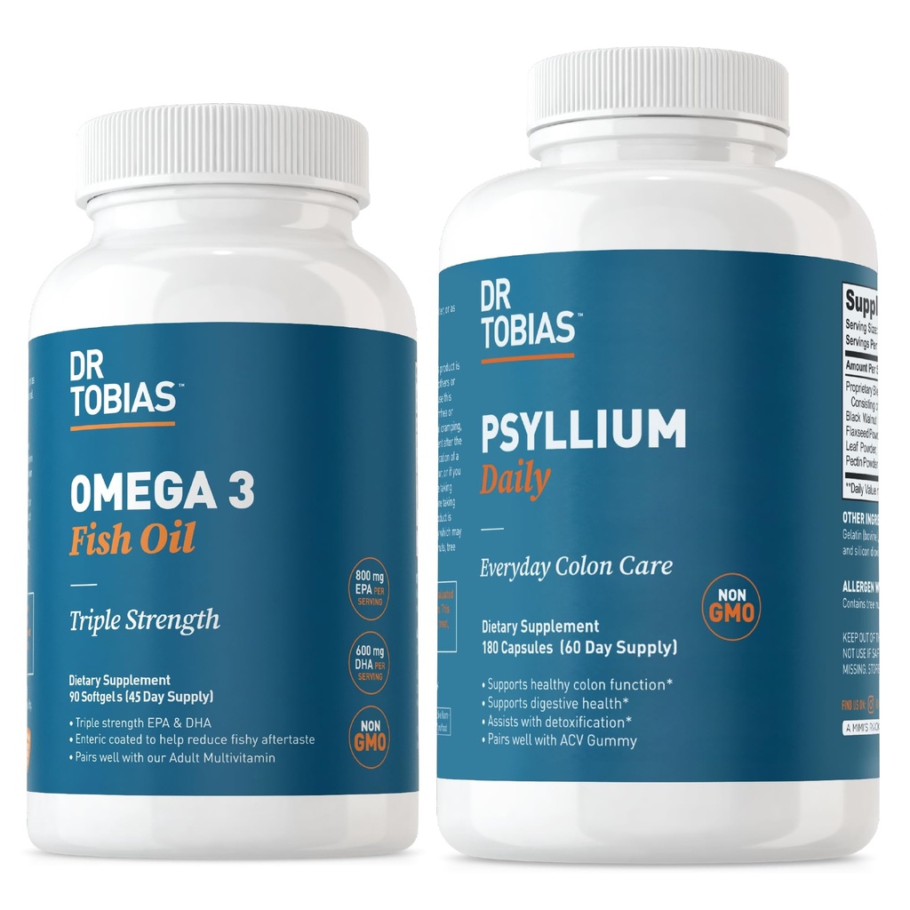 Dr. Tobias Omega 3 Fish Oil & Psyllium Daily Supplements for Heart, Brain & Immune Support, Healthy Bowel Movement Supports with Psyllium Husk Capsules