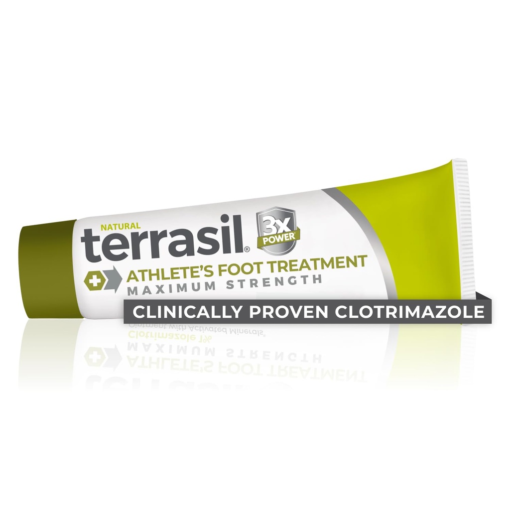 terrasil Athletes Foot Treatment with Clinically Proven Clotrimazole, Extra Strength Antifungal Cream Cures Most Athletes Foot for Men & Women, Relieves Itchy Feet & Peeling Skin (1oz)
