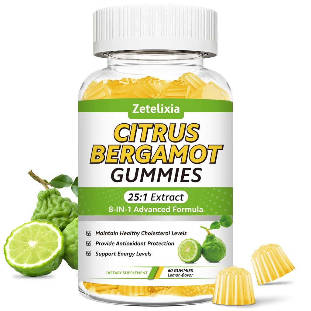Citrus Bergamot Gummies, Citrus Bergamot Supplement for High Cholesterol, Cholesterol Lowering Supplement for Heart, Immune System & Healthy Aging Support, Sugar Free, Vegan, Lemon Flavor, 60 Count