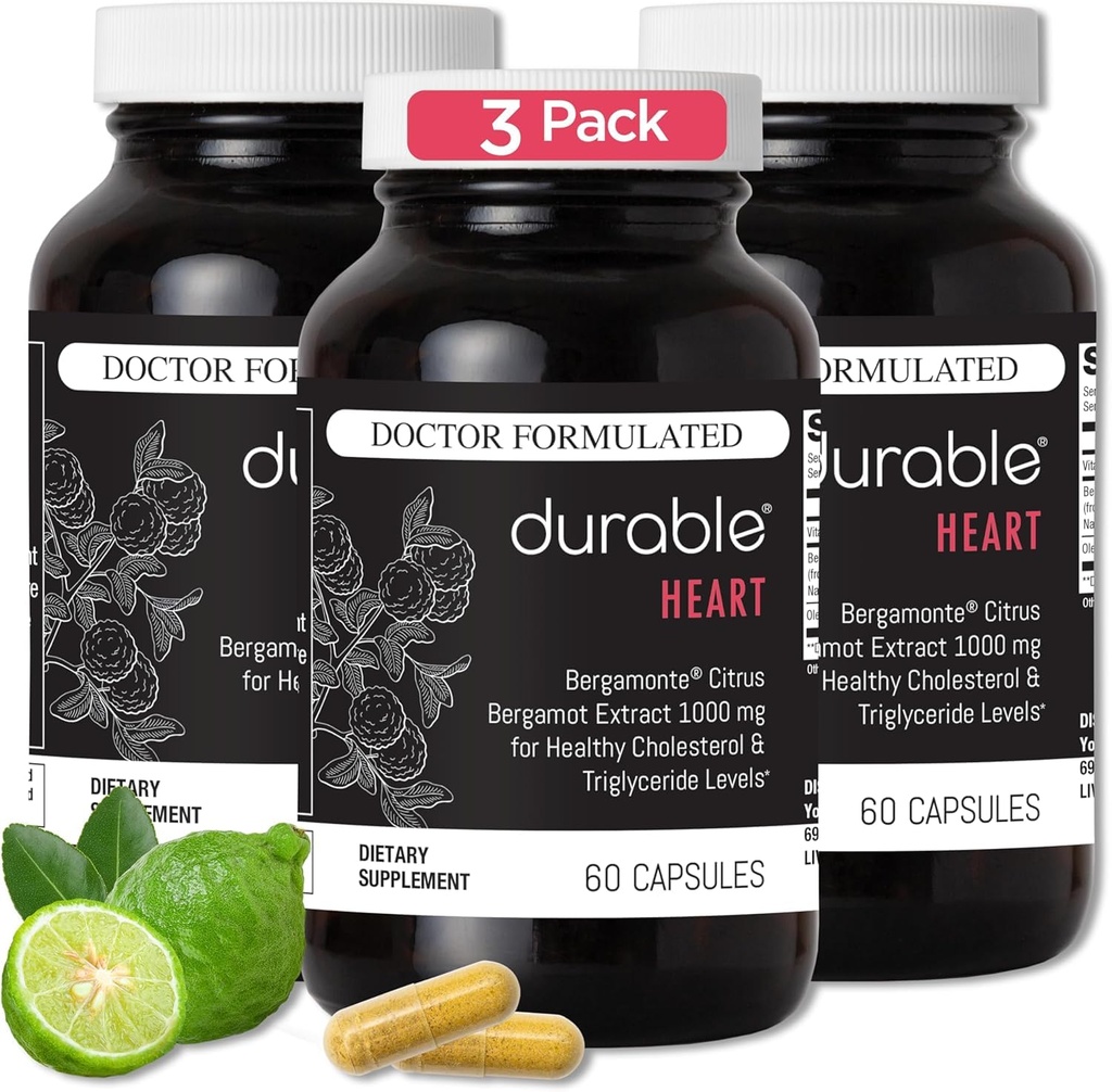 Durable Heart - Extra-Strength 1000 mg Bergamonte Citrus Bergamot + Olive Leaf Extract +Non-GMO Vitamin C – Natural Heart Health Supplement for Healthy Cholesterol Support – Made in the USA (3 Bottle)
