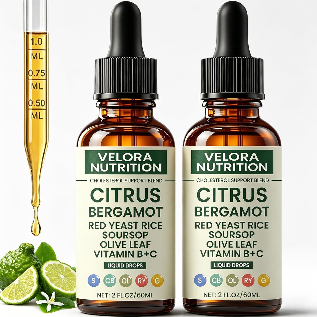 Red Yeast Rice Cholesterol Cleanse, Citrus Bergamot Red Yeast Rice Cholesterol Cleanse | with Citrus Bergamot, Soursop, Olive Leaf & Vitamin C+D - 2 FL.OZ (2PCS)
