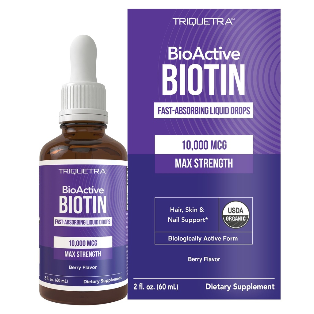 Triquetra Health Biotin Hair Support for Women – Organic 10000mcg USP Grade – Premium συμπλήρωμα υγρών για υψηλή απορρόφηση – Υποστηρίζει υγιή μαλλιά, δέρμα & νύχια – Berry Flavor – 180 Σερβιέτες – 2 oz