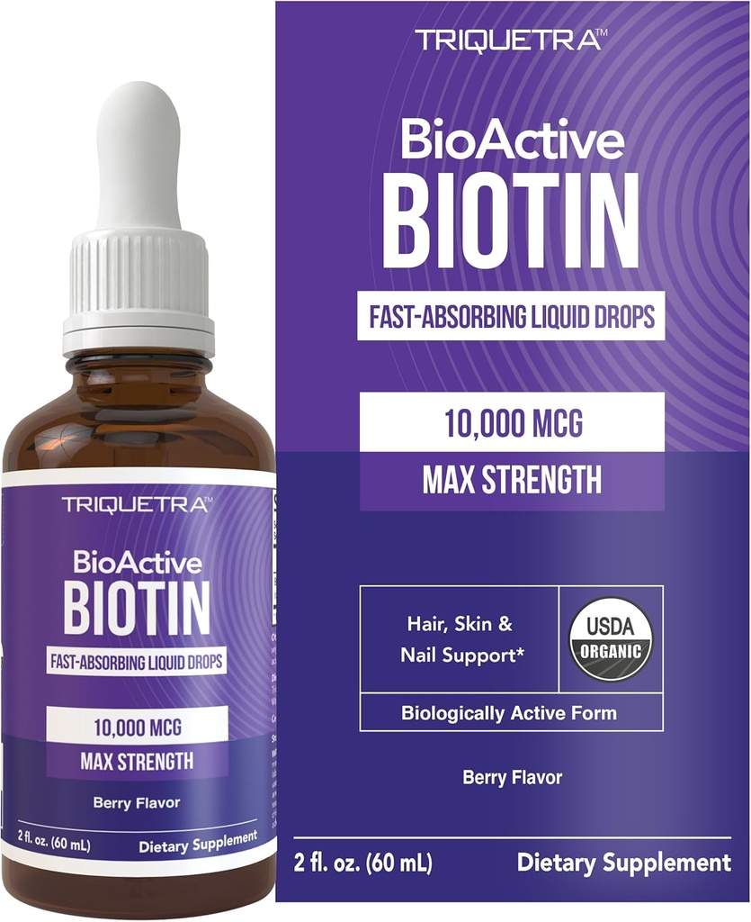 Triquetra Health Biotin Hair Support for Women – Organic 10000mcg USP Grade – Premium Liquid Supplement for High Absorption – Supports Healthy Hair, Skin & Nails – Berry Flavor – 180 Servings – 2 oz