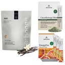 Arbonne Ginseng Energy Fizz (Blood Orange) with FeelFit Pea Protein (Vanilla) and Green Synergy Elixir Bundle.