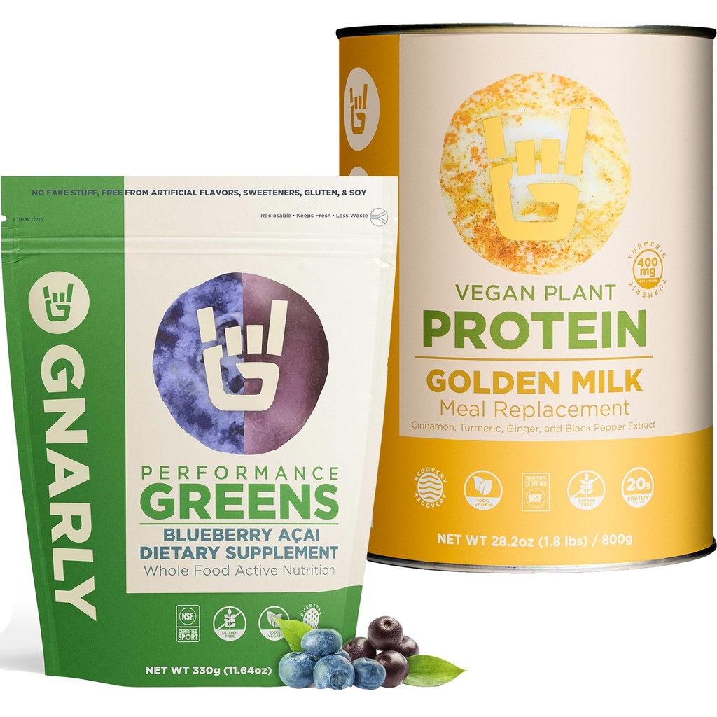 Golden Milk Vegan Protein Powder and Gnarly Performance Greens Blueberry Açai, (11.64 oz)