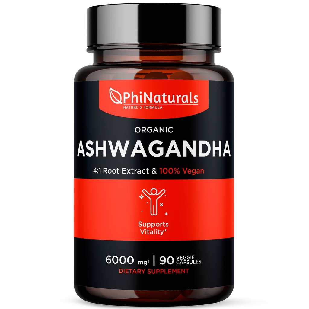 PhiNaturals Βιολογικό εκχύλισμα ρίζας Ashwagandha σε κάψουλες Vegan ίση με 6000 Mg ρίζα - συμπλήρωμα Ashwaganda για άνδρες και γυναίκες με 1500 Mg ανά υπηρεσία 30 υπηρεσίες - 500mg ανά κάψουλα Vegan 90 κόμης