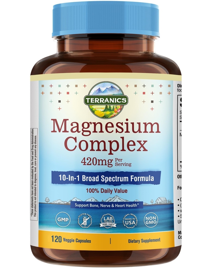 Terranics Magnesium Complex Supplement 420mg, 10-in-1 Full-Spectrum Formula, Glycinate, Citrate, Malate & More, Max Absorption, Bone and Heart Support, 120 Veggie Caps