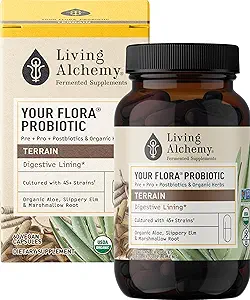 Your Flora Probiotic Terrain – Non-GMO Probiotics with Fermented Soybean, Aloe Vera, & Slippery Elm for Gut Balance & Digestion – Prebiotics, Postbiotics, Digestive Enzymes – Living Alchemy, 60 Pcs