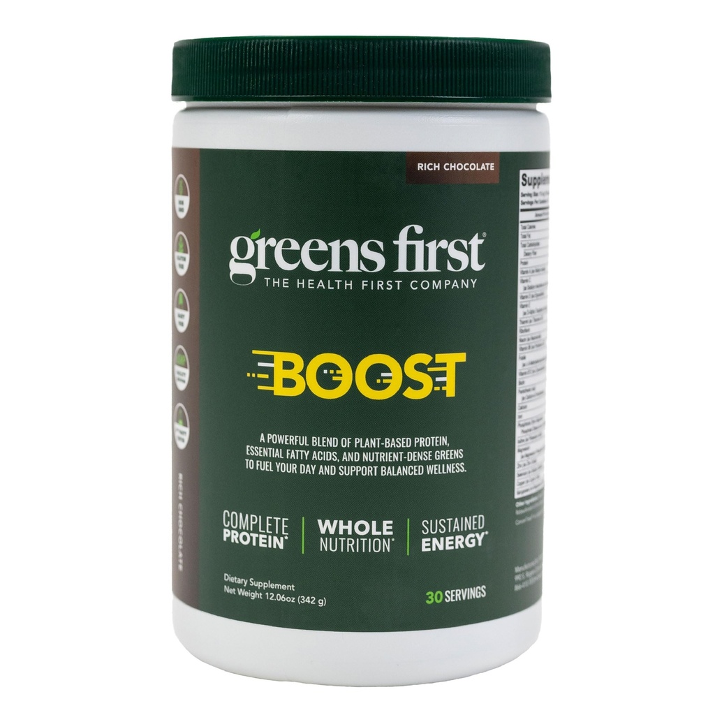Greens First Boost - Πρωτεΐνη Βασισμένη σε φυτά & Ισορροπημένη Διατροφή - Superfood Shake Mix - Χωρίς σιτάρι ή σόγια - Γαλακτοκομικά-Vegan - Ολλανδική σοκολάτα, 12,28 oz.