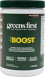 Greens First Boost - Plant-Based Protein & Balanced Nutrition - Superfood Shake Mix - No Wheat or Soy - Dairy-Free - Vegan - Dutch Chocolate, 12.28 oz.
