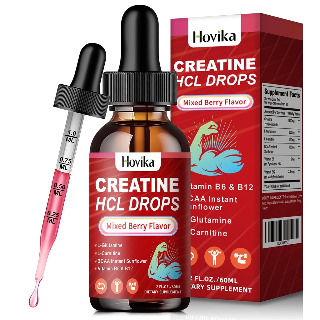 Creatine HCL Υγρές σταγόνες για άνδρες & γυναίκες, Υδροχλωρική κρεατίνη με L-καρνιτίνη, L-Γλουταμίνη, BCAA, Βιταμίνη B12 & B6 για μυϊκή ανάπτυξη & ανάκτηση-Vegan, μικτή γεύση μούρου, 2 Fl Oz