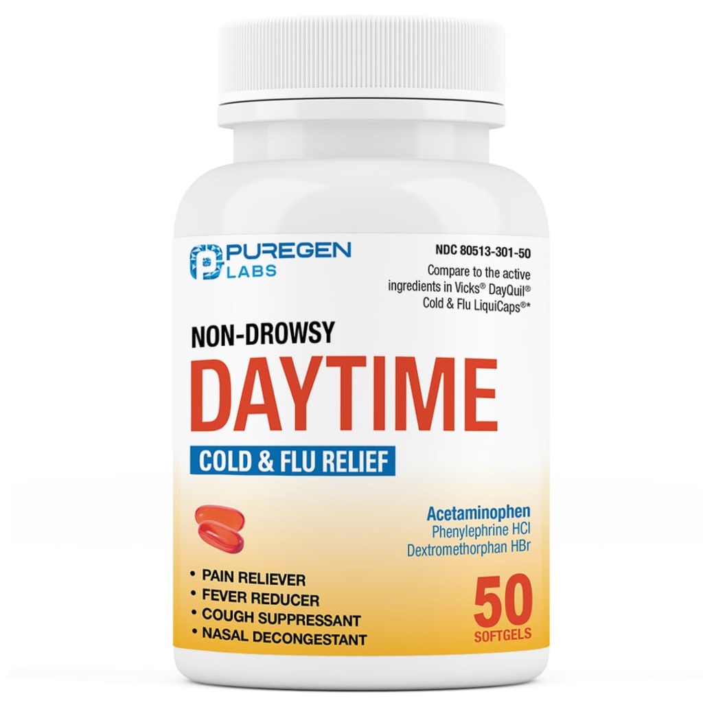 Puregen Labs Non-Drowsy Cold & Flu Medicine for Adults (50 Softgels) | Multi-Symptom Relief for Severe Congestion, Headache, Sore Throat, Fever, Aches and Pains (Daytime)