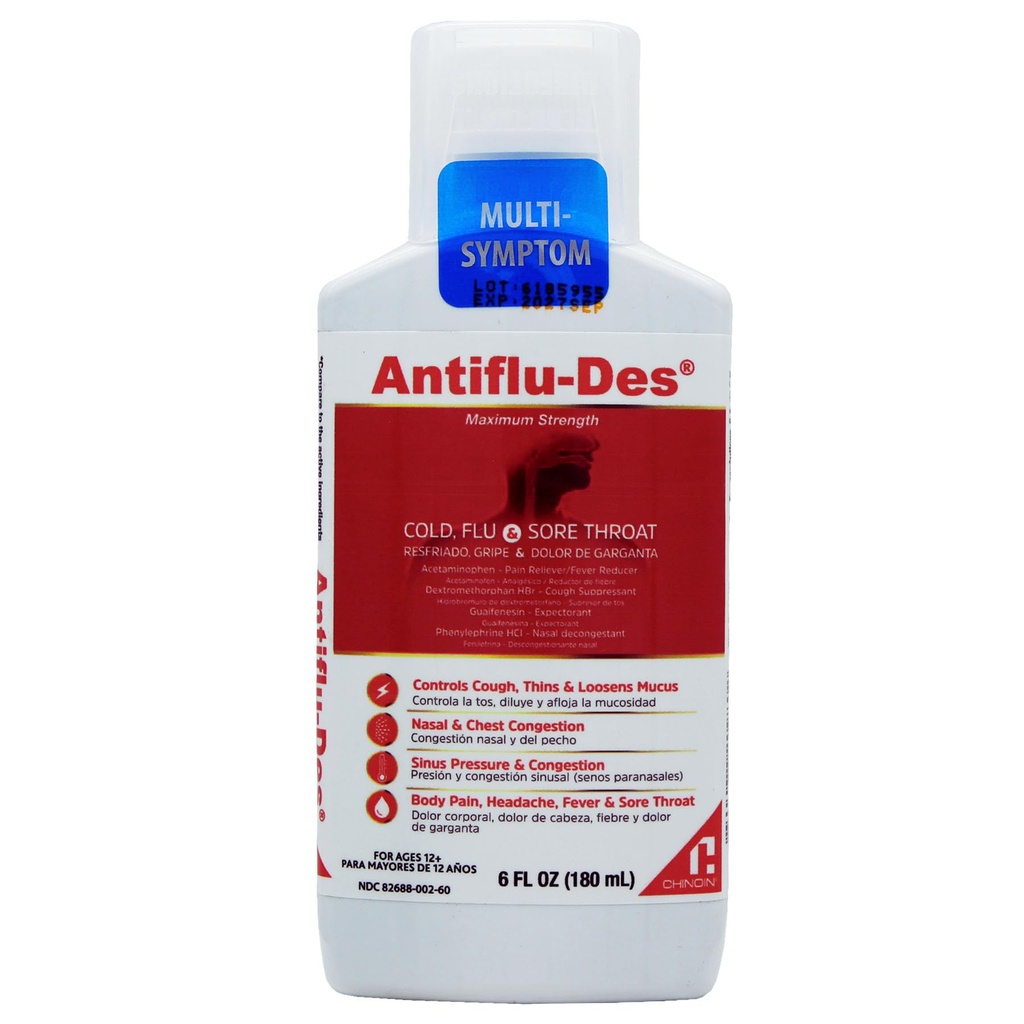 Antiflu-Des Maximum Strength Multi-Symptom Cold, Flu & Sore Throat Liquid, 6 FL OZ, Ages 12+