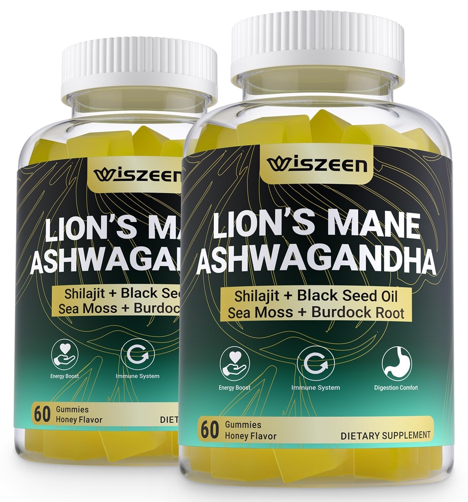 Ashwagandha Gummies - Lions Mane Gummies, Ashwagandha Lion's Mane Supplement with Shilajit, Sea Moss, Black Seed Oil for Adults - Energy, Cognitive & Immune Support
