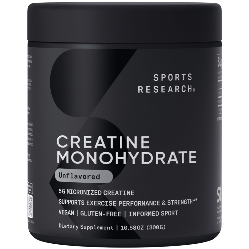 Sports Research Creatine Monohydrate - Κερδίστε Lean Μύες, Βελτιώστε την απόδοση και τη δύναμη και την υποστήριξη Ανάκτηση προπόνησης - 5 g Micronized Creatine - 10,58 oz
