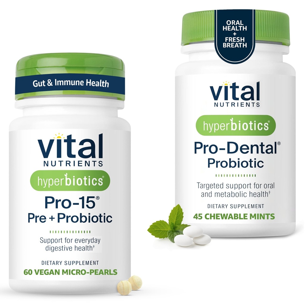 Hyperbiotics Vital Nutrients Gut & Oral Health Bundle – Pro-15 Digestive Prebiotics + Probiotics (60 Time Release Pearls) & Pro-Dental Oral Probiotics with BLIS K12 & M18 (45 Mint Tablets)