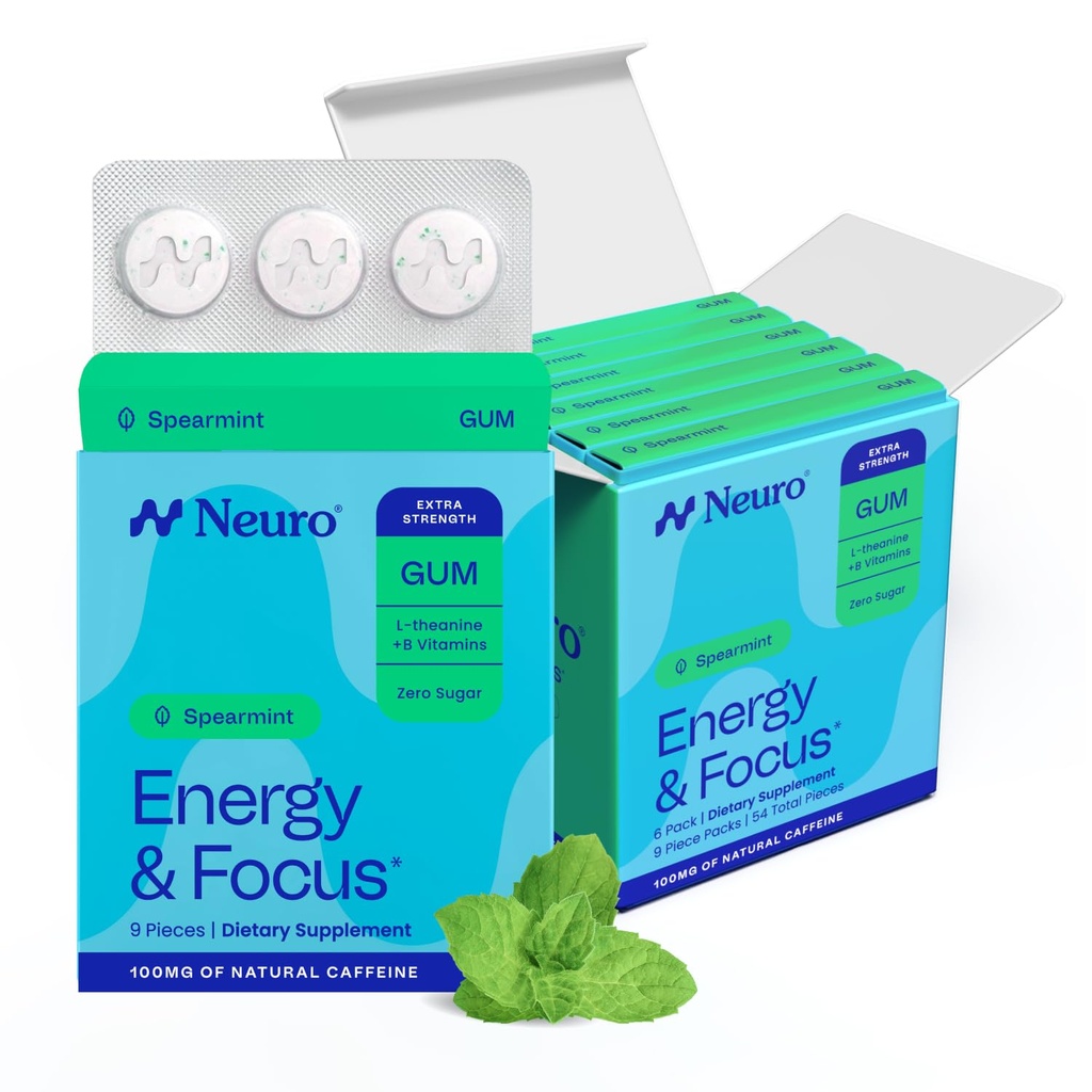 Neuro Energy & Focus Gum, Extra Strength - 100mg Natural Caffeine Gum & Nootropic Energy Supplement with L-Theanine & B Vitamins - Sugar Free, Vegan - Spearmint, 54ct