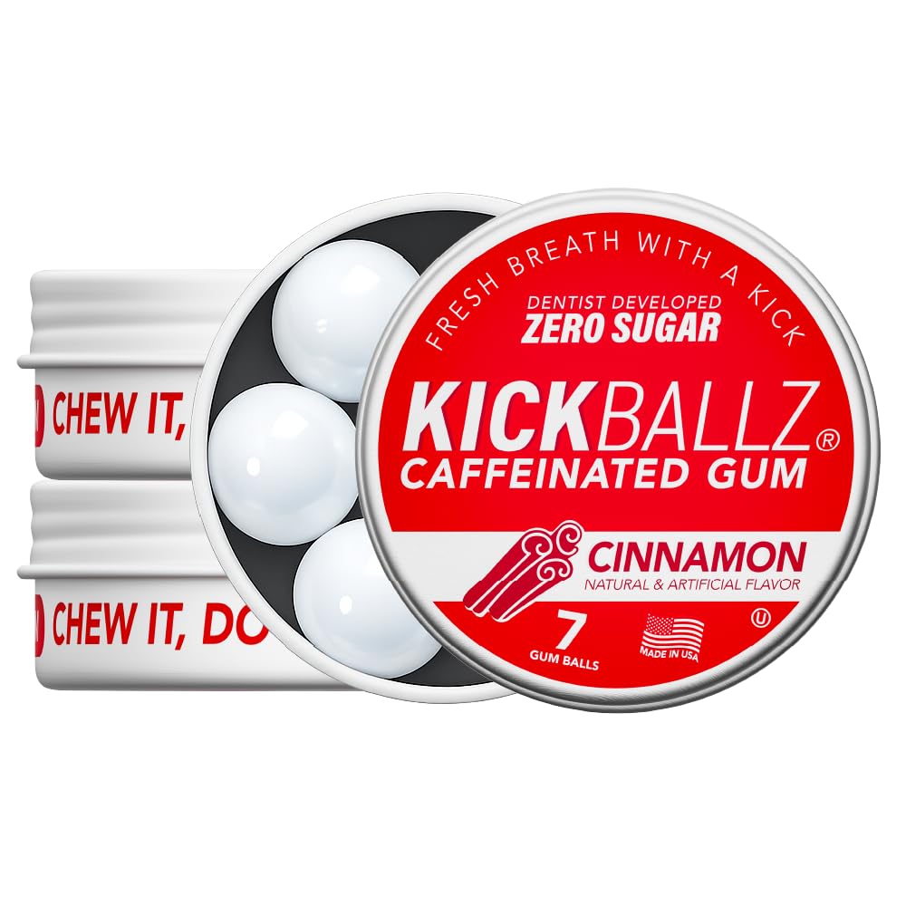 KickBallz Cinnamon Caffeinated Energy Gum 110mg | Spicy Fast-Acting Caffeine Gum for Energy & Focus | Sugar-Free Nootropic Chew | Keto Pre-Workout Coffee Replacement | 3 Tins, 21 Pieces