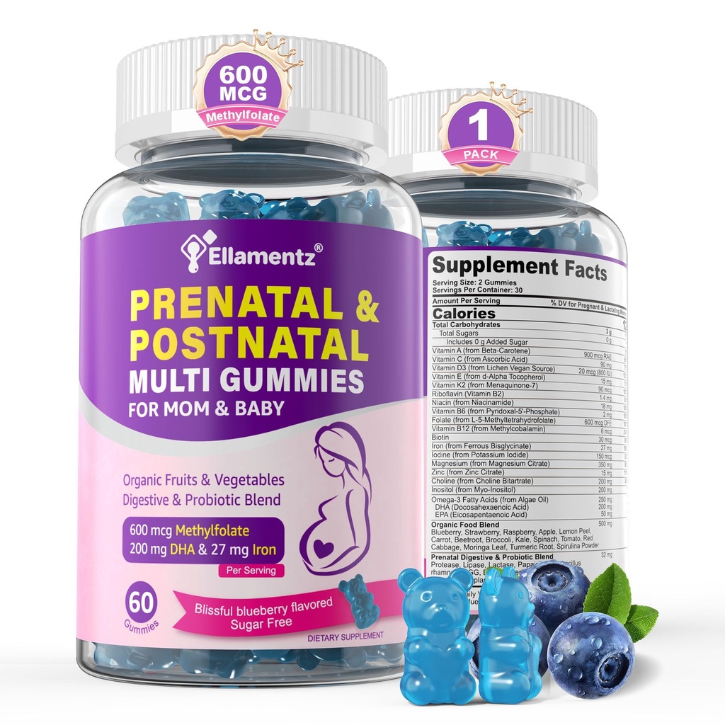Prenatal Vitamins for Women with Methylfolate, Vegan Omega-3 DHA, Organic Food Blend, Probiotics, Iron, Vitamin D3 B6 B12, Choline, Sugar Free Multivitamin for Women During & Post Pregnancy, 60 Cts
