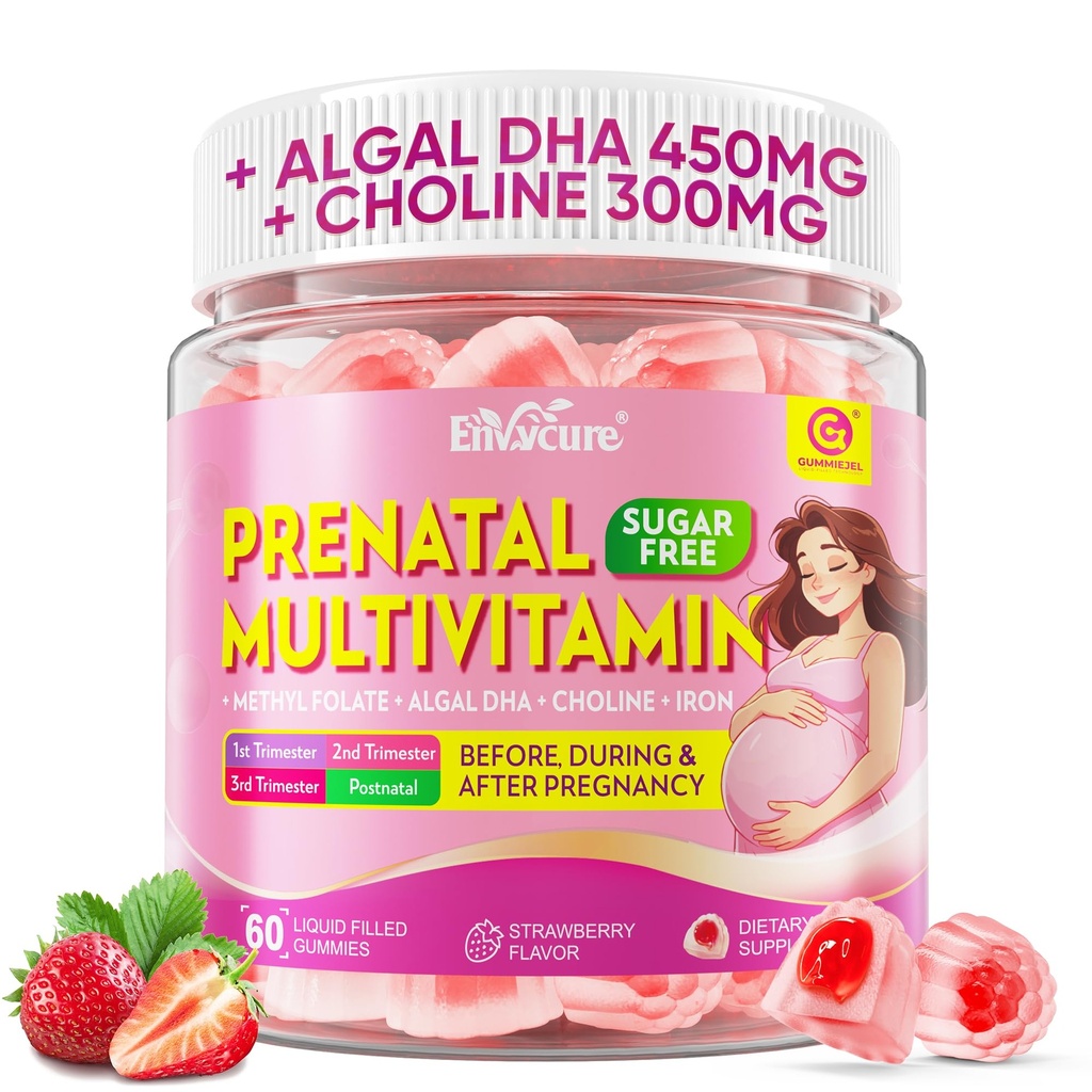 Prenatal Gummies with Methyl Folate 1mg, Iron 27mg, DHA 450mg, Choline 300mg & Magnesium – Methylated Prenatal Vitamins for Women Pregnancy & Postpartum, Fetal Development Support, Sugar Free, 60Cts