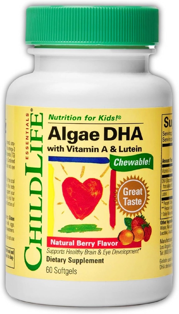 ChildLife Essentials Algae DHA for Kids - Omega 3 Supplement & Fish Oil Alternative, Algae Oil for Toddlers & Children, No Added Sugar, Fatty Acids - Natural Berry Flavor, 60 Chewable Softgels