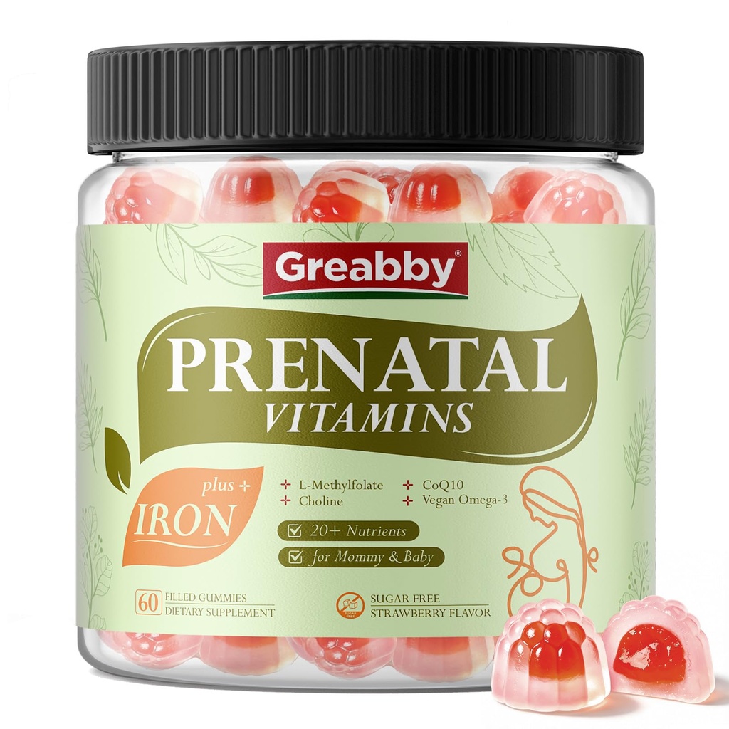 Prenatal Vitamins with Iron & Choline, Prenatal Gummies for Women Energy, DHA (Omega-3), L-Methylfolate, CoQ10, 20+ Multivitamins, Prepare / Pregnancy / Postnatal for Mom & Baby, Sugar Free 60 Gummies