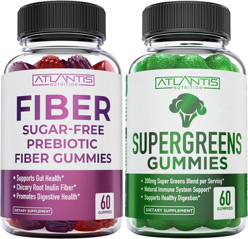 Atlantis Nutrition Sugar Free Prebiotic Fiber Gummies for Adults 2-Pack (120 Gummies) + Supergreens 60 Gummies