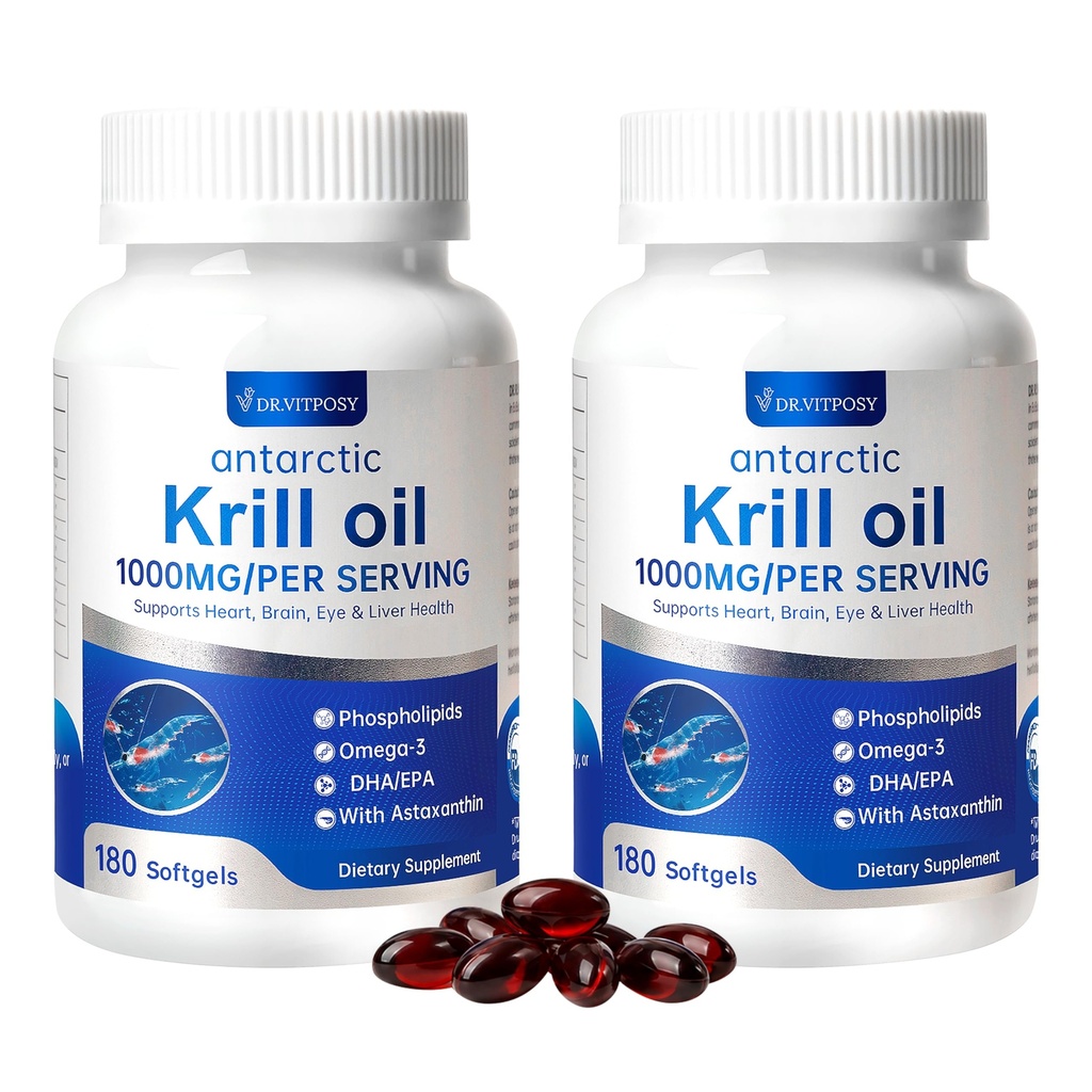 Antarctic Krill Oil | 1000mg Per Serving, Omega-3 EPA DHA Choline Astaxanthin & Phospholipids, Mercury Free, No Fishy Aftertaste, Supports Joint, Heart, Brain & Immune Health, 360 Softgels