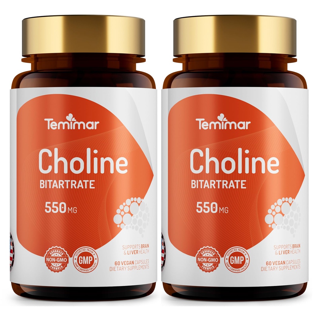 Choline Supplements, Supports Liver & Brain Health, High Absorption Choline Bitartrate 550mg, Non-GMO, Gluten-Free, Made in USA, 120 Vegan Capsules