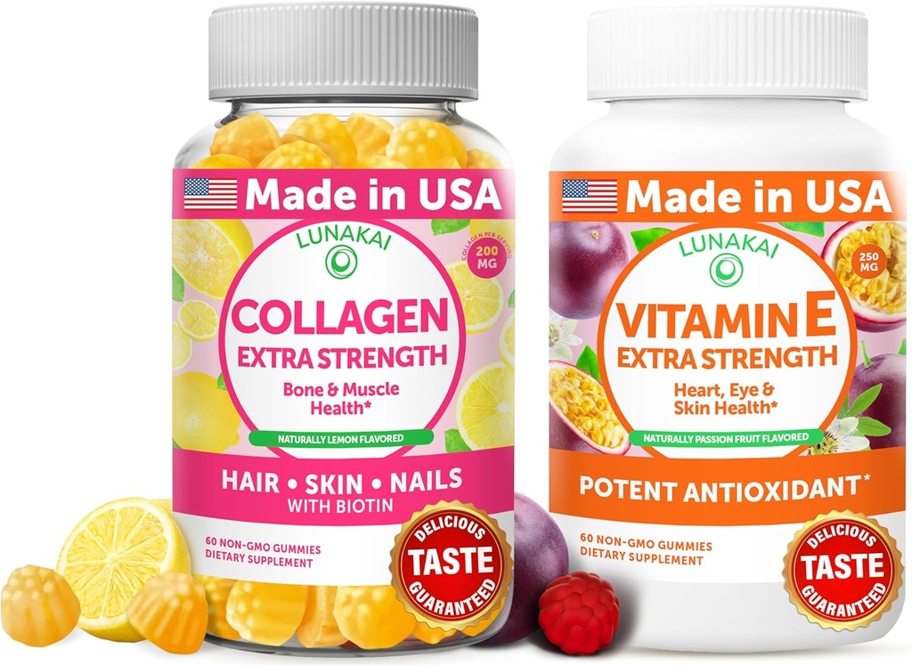 Lunakai Collagen and Vitamin E Gummies Bundle - Συμπληρώματα Αντιγήρανσης για Άνδρες & Γυναίκες - Φυσικό Gummy με Βιταμίνη C & 250 mg Φυσικό VIT E