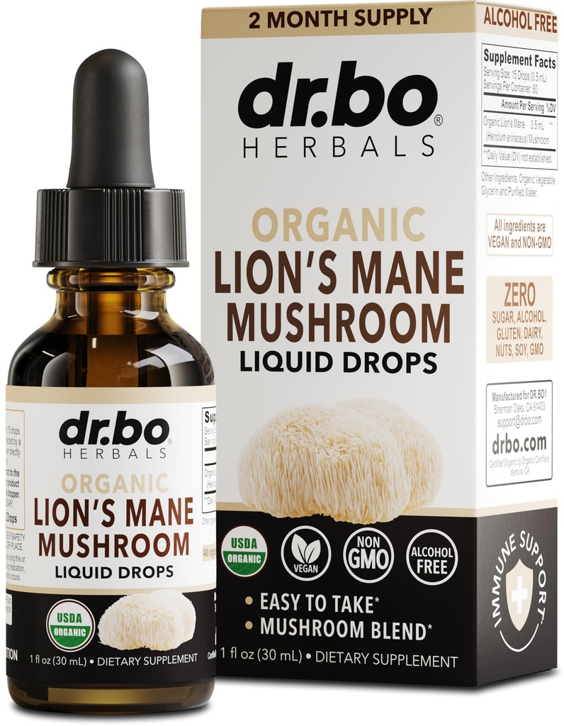 Lions Mane Mushroom Supplement Drops - Βιολογικό Mane Mushroom Υγρή Βάμμα για Εστίαση, Fog Brain Health Supplements - Vegan Herbal Nervine Nootropic Organic Lions Liquid Supplement Extract 1oz