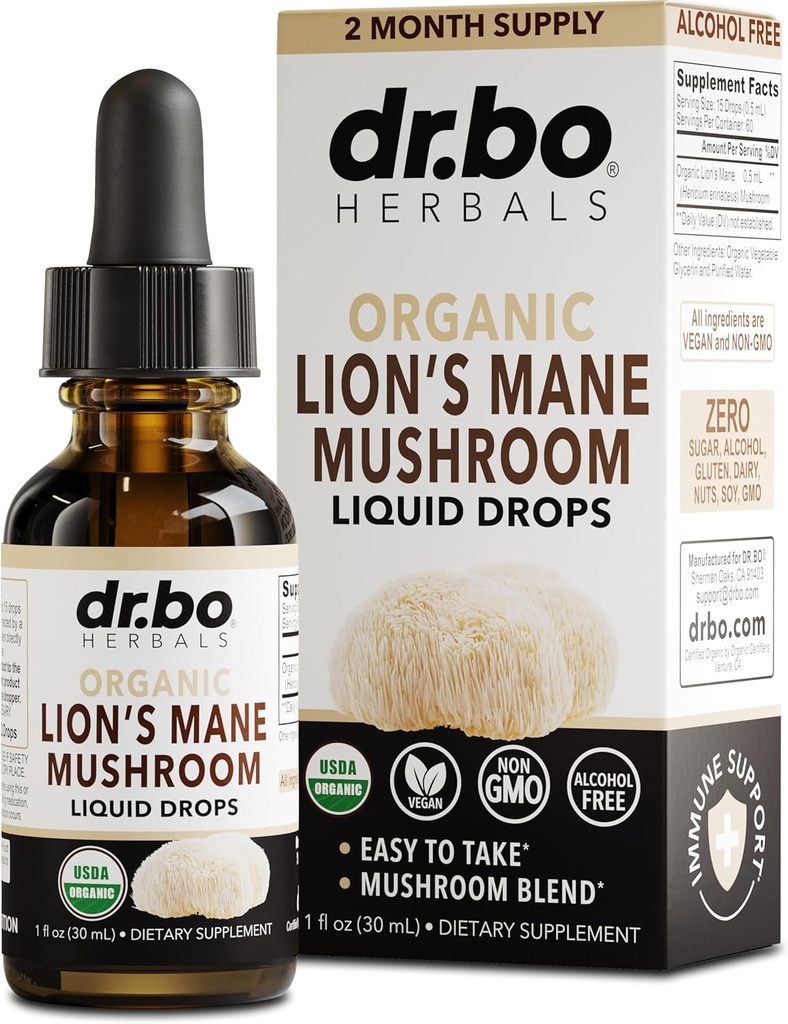 Lions Mane Mushroom Supplement Drops - Βιολογικό Mane Mushroom Υγρή Βάμμα για Εστίαση, Fog Brain Health Supplements - Vegan Herbal Nervine Nootropic Organic Lions Liquid Supplement Extract 1oz