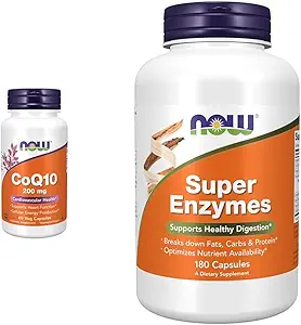 NOW Supplements, CoQ10 (Coenzyme Q10) 200 mg, Cardiovascular Health*, 60 Veg Capsules & Supplements, Super Enzymes, Formulated with Bromelain, Ox Bile, Pancreatin and Papain,180 Capsules
