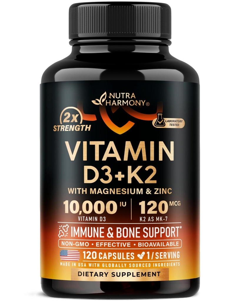 Βιταμίνη D3 K2 - Βιταμίνη D3 10000 u & K2 ως MK-7 120 mcg - Ανοσοποιητική & Mood Υποστήριξη, για την υγεία των οστών και των δοντιών - με μαγνήσιο, ψευδάργυρο & βιταμίνη C & B12 - Εξαιρετικά βιοδιαθέσιμη - Κατασκευάζεται στις ΗΠΑ, 120 κάψουλες
