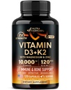 Βιταμίνη D3 K2 - Βιταμίνη D3 10000 u & K2 ως MK-7 120 mcg - Ανοσοποιητική & Mood Υποστήριξη, για την υγεία των οστών και των δοντιών - με μαγνήσιο, ψευδάργυρο & βιταμίνη C & B12 - Εξαιρετικά βιοδιαθέσιμη - Κατασκευάζεται στις ΗΠΑ, 120 κάψουλες