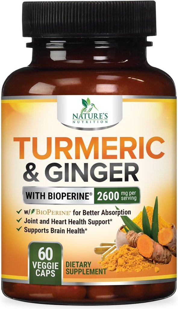 Turmeric Curcumin Supplement 2600mg - με Organic Ginger & Turmeric, BioPerine Black Pepper Extract 95% Curcuminoids - Προηγμένη Απορρόφηση Κοινή & Αντιοξειδωτικό Υποστήριξη επιπλέον δύναμης - 60 κάψουλες
