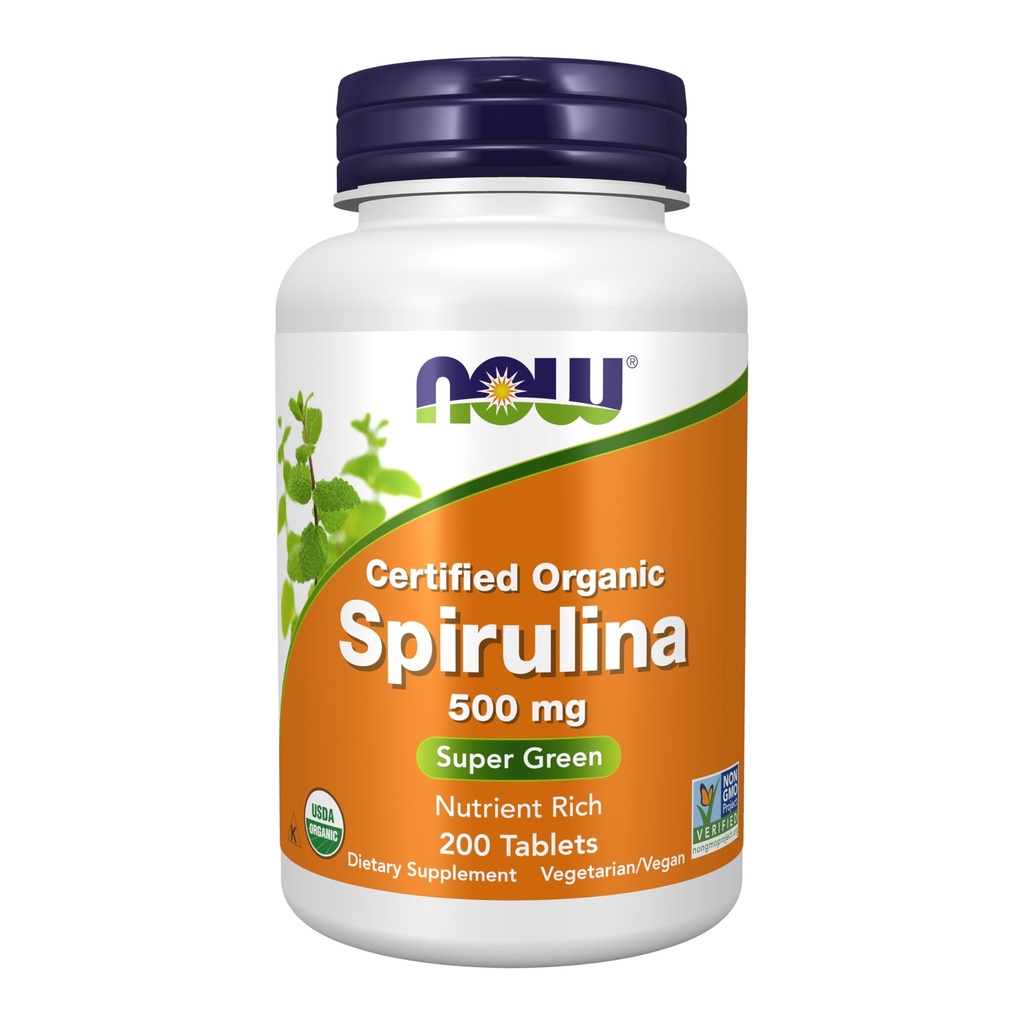 NOW Συμπληρώματα Τροφίμων, Βιολογική Spirulina 500 mg με Βιταμίνες, Ορυκτά και GLA (Gamma- Linolenic Acid), 200 δισκία