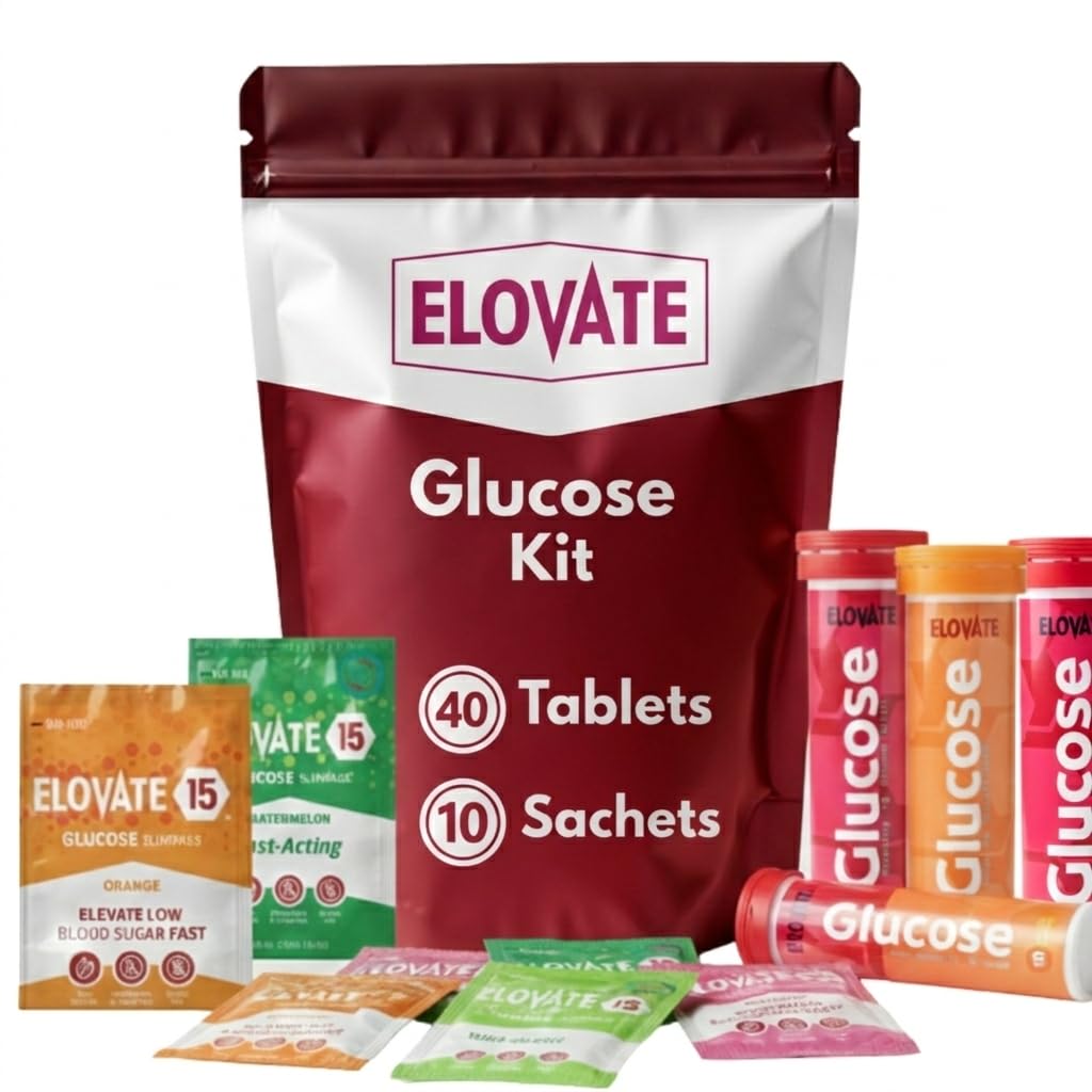 ELOVATE Glucose Tablets & Powder Set 40 Chewable Tablets (4 Tubes) + 10 Packets Fast-Acting Glucose for Low Sugar Portable Carry