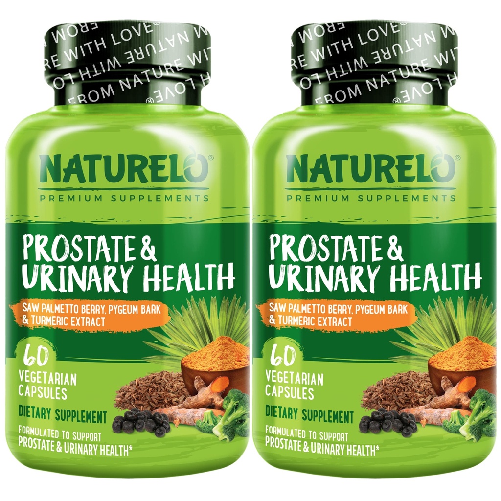 NATURELO Prostate & Urinary Health, Comprehensive Formula with Saw Palmetto, Pygeum, Tumeric, Plant Sterols, Broccoli και Lycopene, 60 Χορτοφαγικές κάψουλες (Pack of 2)