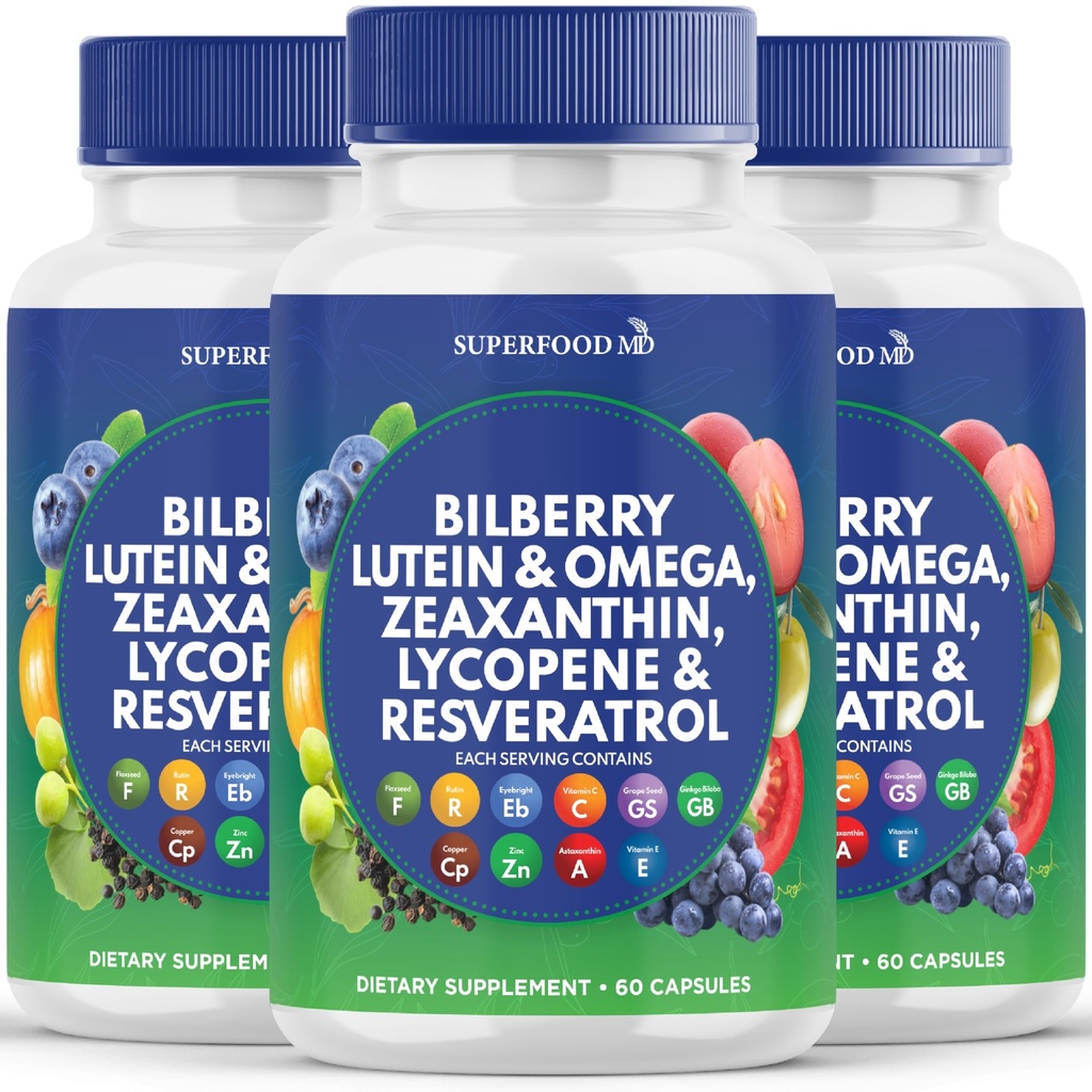 Superfood MD Eye Health Vitamins with Bilberry Lutein & Zeaxanthin Lycopene Resveratrol Grape Seed Extract Astaxanthin - AREDS 2 - Eye Vitamin - 180 Capsules