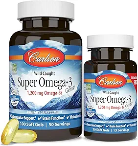 Carlson - Super Omega-3 Gems, 1200 mg Ωμέγα-3 Λιπαρά Οξέα με EPA και DHA, Άγριο-καλυμμένο συμπλήρωμα Νορβηγίας, Βιώσιμα πηγασμένα κάψουλες ιχθυελαίου, Ωμέγα 3 συμπληρώματα, 100+30 Softgels
