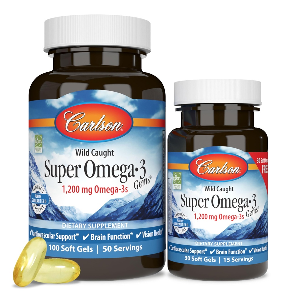 Carlson - Super Omega-3 Gems, 1200 mg Ωμέγα-3 Λιπαρά Οξέα με EPA και DHA, Άγριο-καλυμμένο συμπλήρωμα Νορβηγίας, Βιώσιμα πηγασμένα κάψουλες ιχθυελαίου, Ωμέγα 3 συμπληρώματα, 100+30 Softgels