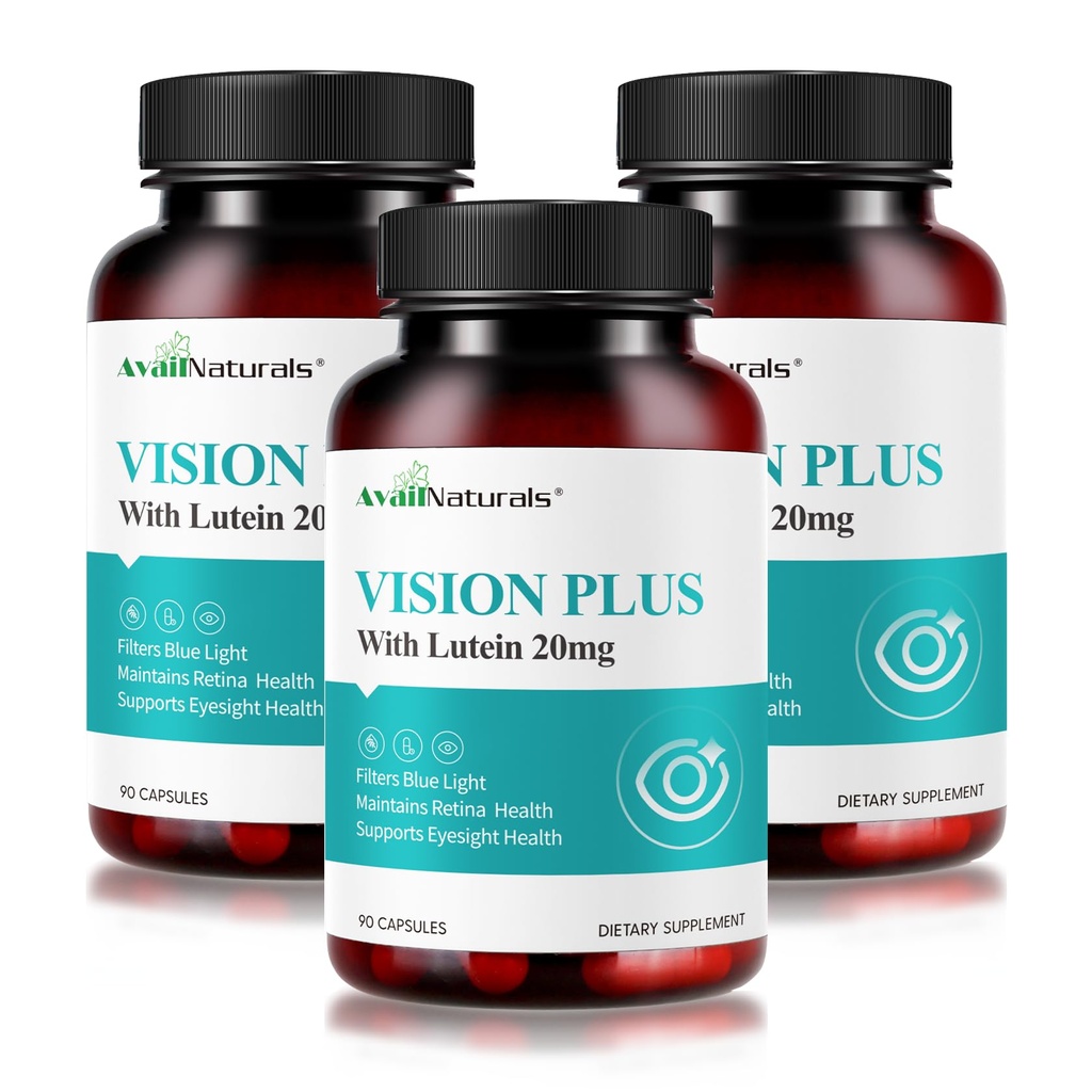 Vision Plus Eye Vitamins with Lutein 20mg, Bilberry & Blueberry Extract - Key Antioxidants for Eye Health Support - 90 Capsules, Non-GMO