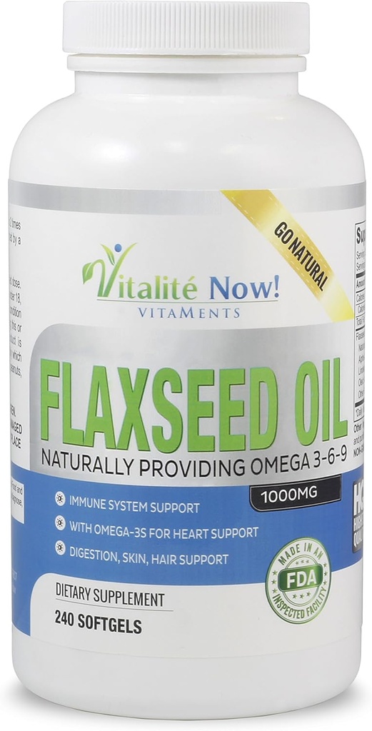 Upsize Best Organic Flaxseed Oil Softgels - 1000mg Premium, Virgin Cold Pressed from Flax Seeds - Hair Skin & Nails Support - Omega 3-6-9 Συμπλήρωμα - 240 Count - More than 8 Month Supply!