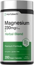 Horbaach Magnesium 230mg | Plus Herbal Blend | 200 Vegan Capsules | Gentle Cleanse | Non-GMO and Gluten Free Supplement