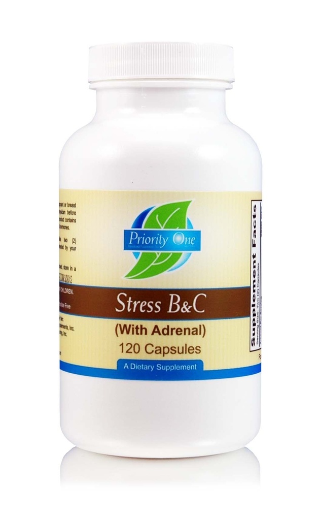Priority One Vitamins Stress B & C 120 Capsules - B Complex with Whole Gland Adrenal to Support Healthy Nerves, Skin, Eyes, gastrointestinal, and Brain Functions.*