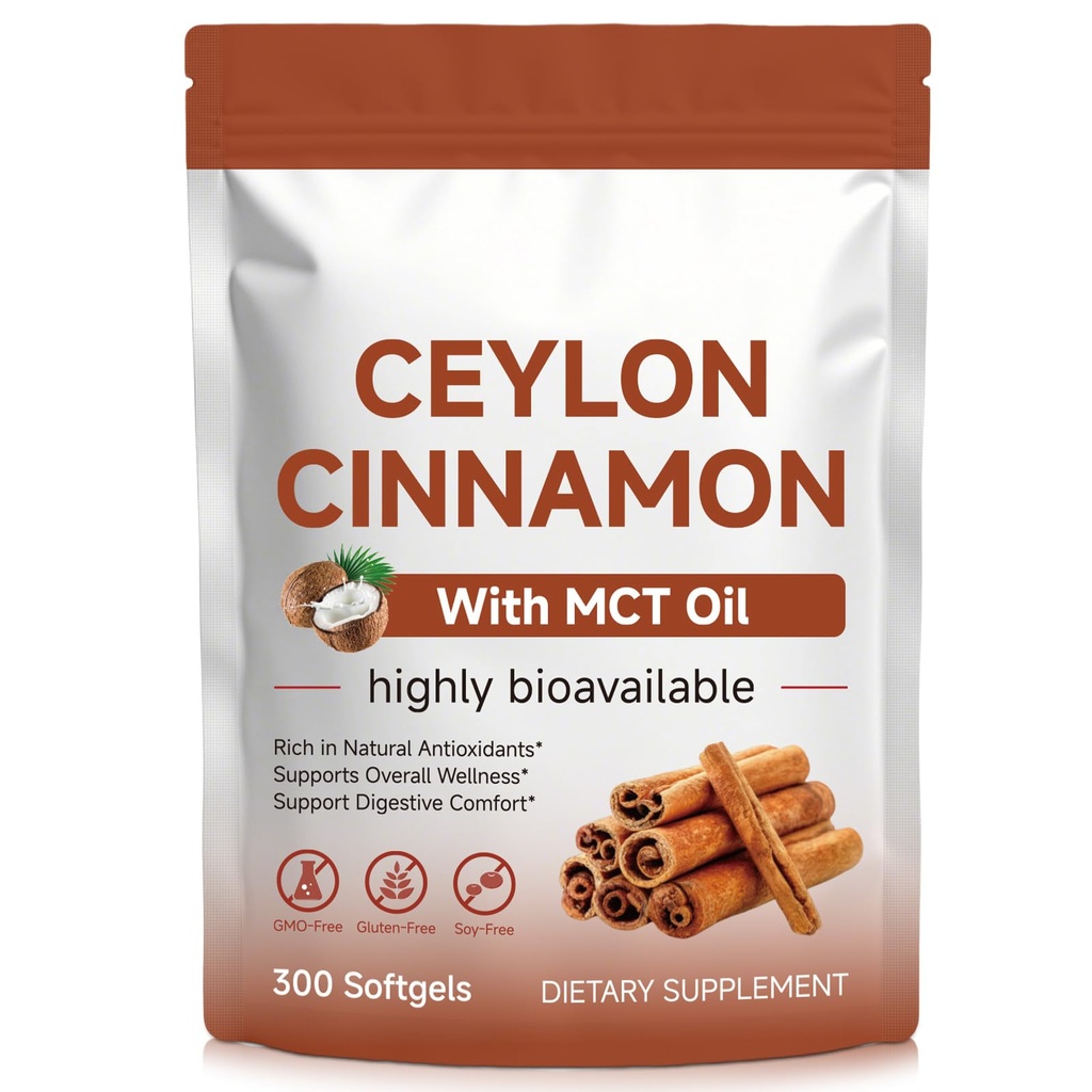 Ceylon Cinnamon - 300 Softgels with MCT Oil - Highly Bioavailable Herbal Supplement Made with True Ceylon Cinnamon, Supports Overall Wellness, Non-GMO, Gluten Free