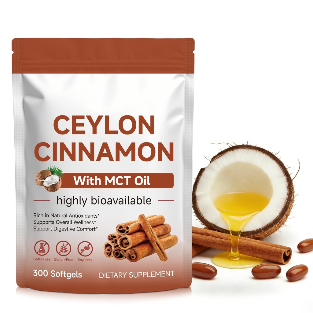 Organic Ceylon Cinnamon Softgels with MCT Oil – 600mg per Serving – Rich in Natural Antioxidants, Supports Digestive Comfort & Overall Wellness – Non-GMO, Gluten-Free, Soy-Free – 300 Softgels