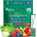Zena Nutrition Organic Super Greens Powder Variety Pack, 70+ Superfoods, 0 Sugar, 3G Fiber, Spirulina, Chlorella, Antioxidants, Prebiotics/Probiotics, Digestive Enzymes, 21 Drink Mix Packets​