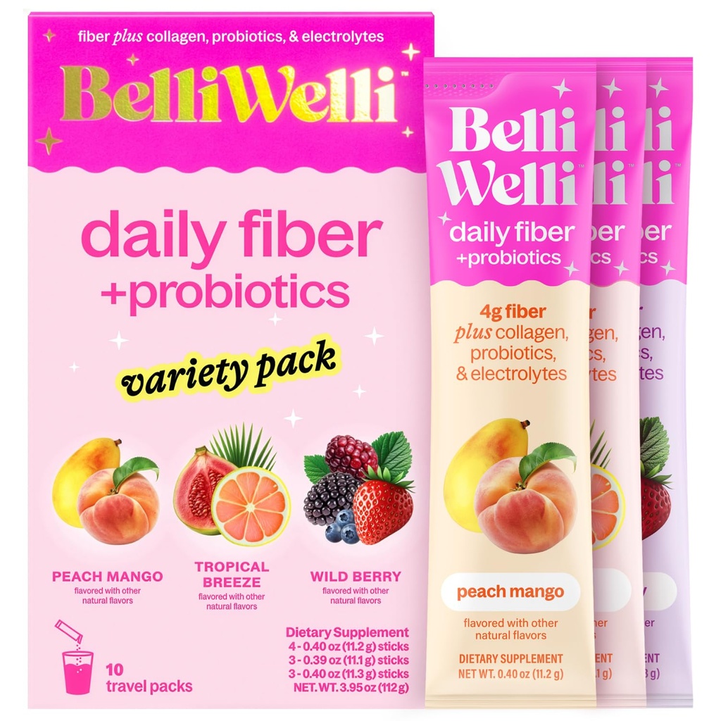 Belli Welli Fiber Supplement, Probiotics Fiber Powder Travel Pack for Women with Collagen & Electrolytes for Daily Gut Health & Debloating, Variety Pack, 10 Packets
